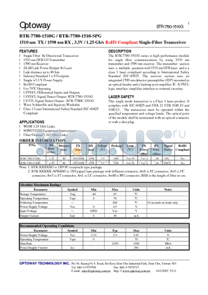 BTR-7780-1510G datasheet - 1510 nm TX / 1590 nm RX , 3.3V / 1.25 Gb/s RoHS Compliant Single-Fiber Transceiver