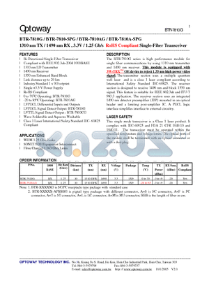 BTR-7810G datasheet - 1310 nm TX / 1490 nm RX , 3.3V / 1.25 Gb/s RoHS Compliant Single-Fiber Transceiver