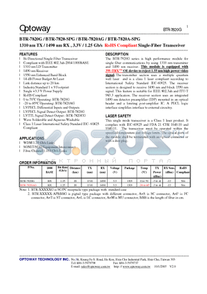 BTR-7820-SPG datasheet - 1310 nm TX / 1490 nm RX , 3.3V / 1.25 Gb/s RoHS Compliant Single-Fiber Transceiver