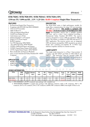 BTR-7820A-SPG datasheet - 1310 nm TX / 1490 nm RX , 3.3V / 1.25 Gb/s RoHS Compliant Single-Fiber Transceiver