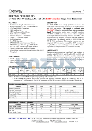 BTR-7860-SPG datasheet - 1310 nm TX/ 1490 nm RX , 3.3V / 1.25 Gb/s RoHS Compliant Single-Fiber Transceiver