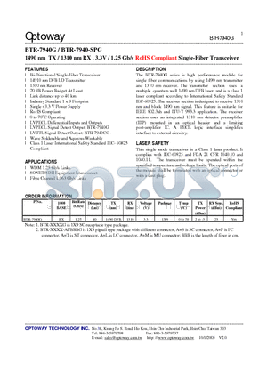 BTR-7940-SPG datasheet - 1490 nm TX / 1310 nm RX , 3.3V / 1.25 Gb/s RoHS Compliant Single-Fiber Transceiver