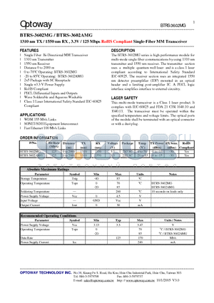 BTRS-3602AMG datasheet - 1310 nm TX / 1550 nm RX , 3.3V / 125 Mbps RoHS Compliant Single-Fiber MM Transceiver