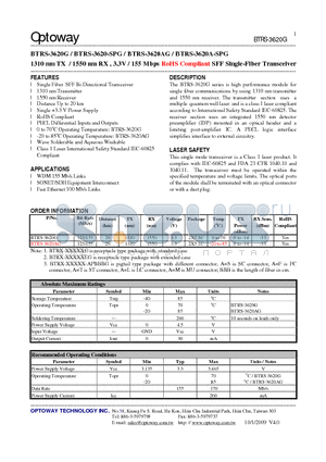 BTRS-3620-SPG datasheet - 1310 nm TX / 1550 nm RX , 3.3V / 155 Mbps RoHS Compliant SFF Single-Fiber Transceiver