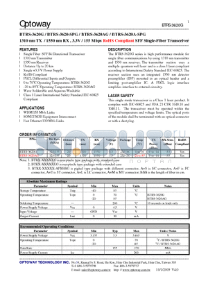 BTRS-3620G_09 datasheet - 1310 nm TX / 1550 nm RX , 3.3V / 155 Mbps RoHS Compliant SFF Single-Fiber Transceiver