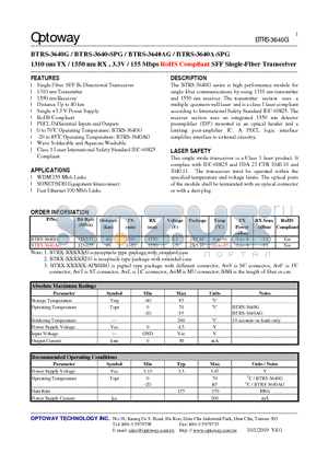 BTRS-3640-SPG datasheet - 1310 nm TX / 1550 nm RX , 3.3V / 155 Mbps RoHS Compliant SFF Single-Fiber Transceiver