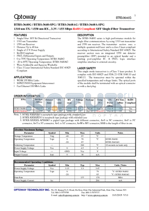 BTRS-3640AG datasheet - 1310 nm TX / 1550 nm RX , 3.3V / 155 Mbps RoHS Compliant SFF Single-Fiber Transceiver