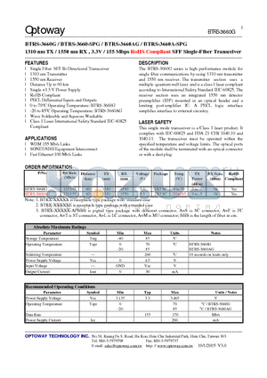 BTRS-3660AG datasheet - 1310 nm TX / 1550 nm RX , 3.3V / 155 Mbps RoHS Compliant SFF Single-Fiber Transceiver