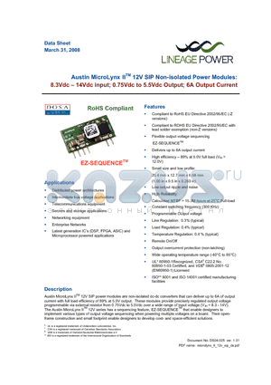 ATA006A0X4 datasheet - 8.3 - 14Vdc input; 0.75Vdc to 5.5Vdc Output; 6A output current