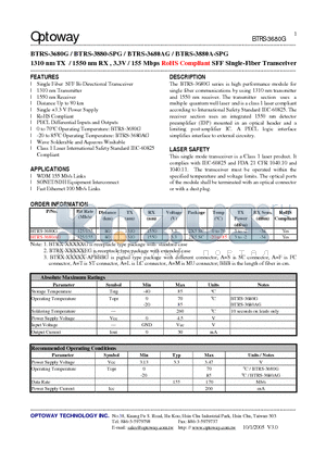 BTRS-3680AG datasheet - 1310 nm TX / 1550 nm RX , 3.3V / 155 Mbps RoHS Compliant SFF Single-Fiber Transceiver