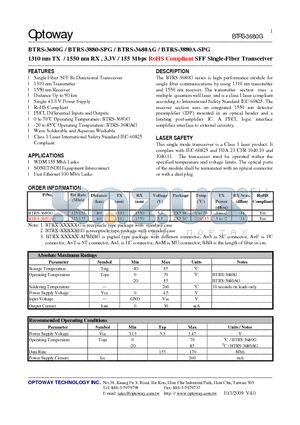 BTRS-3680AG datasheet - 1310 nm TX / 1550 nm RX , 3.3V / 155 Mbps RoHS Compliant SFF Single-Fiber Transceiver