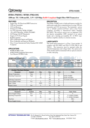 BTRS-3702MG datasheet - 1550 nm TX / 1310 nm RX , 3.3V / 125 Mbps RoHS Compliant Single-Fiber MMTransceiver