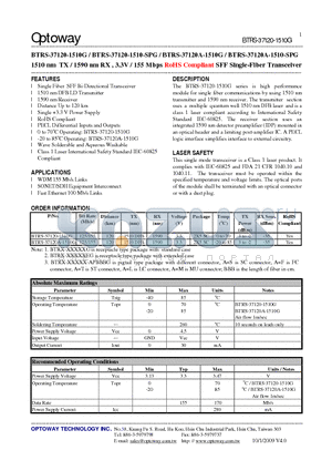 BTRS-37120-1510-SPG datasheet - 1510 nm TX / 1590 nm RX , 3.3V / 155 Mbps RoHS Compliant SFF Single-Fiber Transceiver