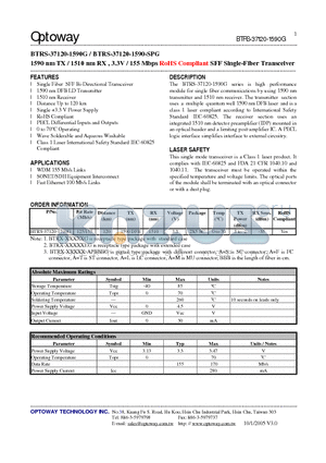 BTRS-37120-1590-SPG datasheet - 1590 nm TX / 1510 nm RX , 3.3V / 155 Mbps RoHS Compliant SFF Single-Fiber Transceiver