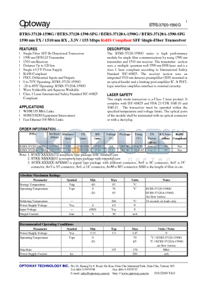 BTRS-37120-1590G datasheet - 1590 nm TX / 1510 nm RX , 3.3V / 155 Mbps RoHS Compliant SFF Single-Fiber Transceiver