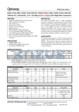 BTRS-37120-1590G_09 datasheet - 1590 nm TX / 1510 nm RX , 3.3V / 155 Mbps RoHS Compliant SFF Single-Fiber Transceiver