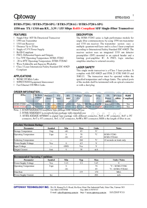 BTRS-3720A-SPG datasheet - 1550 nm TX / 1310 nm RX , 3.3V / 155 Mbps RoHS Compliant SFF Single-Fiber Transceiver