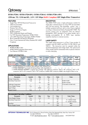 BTRS-3720A-SPG datasheet - 1550 nm TX / 1310 nm RX , 3.3V / 155 Mbps RoHS Compliant SFF Single-Fiber Transceiver