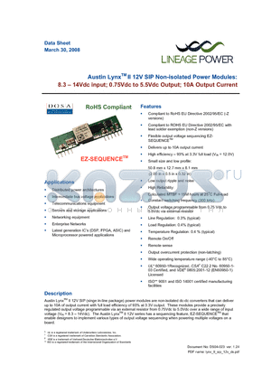 ATA010A0X43Z datasheet - 8.3 - 14Vdc input; 0.75Vdc to 5.5Vdc Output; 10A output current