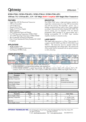 BTRS-3720G datasheet - 1550 nm TX / 1310 nm RX , 3.3V / 155 Mbps RoHS Compliant SFF Single-Fiber Transceiver