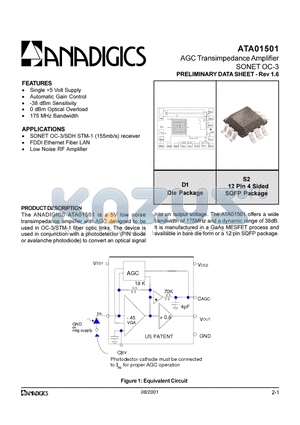ATA01501D1C datasheet - AGC Transimpedance Amplifier