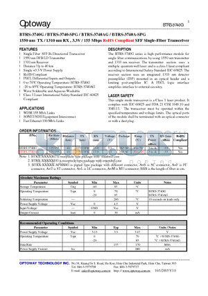 BTRS-3740A-SPG datasheet - 1550 nm TX / 1310 nm RX , 3.3V / 155 Mbps RoHS Compliant SFF Single-Fiber Transceiver