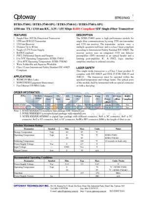 BTRS-3740AG datasheet - 1550 nm TX / 1310 nm RX , 3.3V / 155 Mbps RoHS Compliant SFF Single-Fiber Transceiver