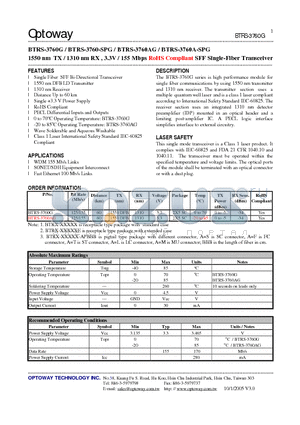 BTRS-3760-SPG datasheet - 1550 nm TX / 1310 nm RX , 3.3V / 155 Mbps RoHS Compliant SFF Single-Fiber Transceiver