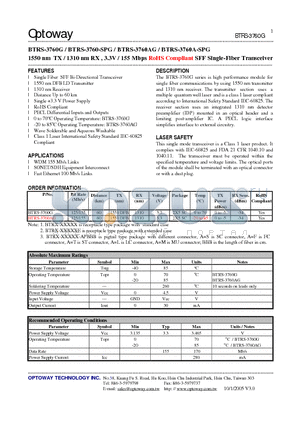 BTRS-3760A-SPG datasheet - 1550 nm TX / 1310 nm RX , 3.3V / 155 Mbps RoHS Compliant SFF Single-Fiber Transceiver