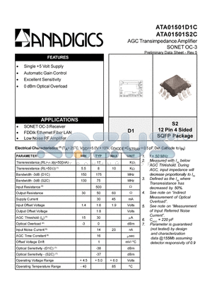 ATA01501S2C datasheet - AGC TRANSIMPEDANCE AMPLIFIER