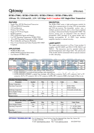 BTRS-3780G datasheet - 1550 nm TX / 1310 nm RX , 3.3V / 155 Mbps RoHS Compliant SFF Single-Fiber Transceiver