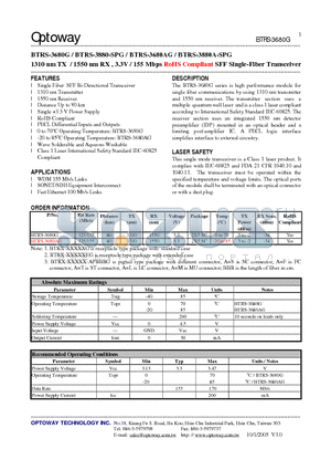 BTRS-3880A-SPG datasheet - 1310 nm TX / 1550 nm RX , 3.3V / 155 Mbps RoHS Compliant SFF Single-Fiber Transceiver