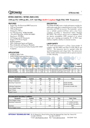 BTRS-5601AMG datasheet - 1310 nm TX / 1550 nm RX , 3.3V / 622 Mbps RoHS Compliant Single-FiberMM Transceiver