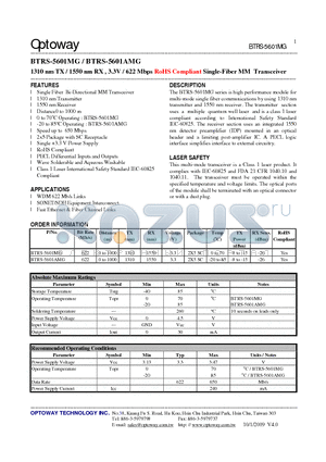 BTRS-5601MG datasheet - 1310 nm TX / 1550 nm RX , 3.3V / 622 Mbps RoHS Compliant Single-FiberMM Transceiver