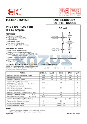 BA157 datasheet - FAST RECOVERY RECTIFIER DIODES
