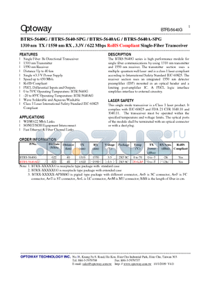 BTRS-5640-SPG datasheet - 1310 nm TX / 1550 nm RX , 3.3V / 622 Mbps RoHS Compliant Single-Fiber Transceiver