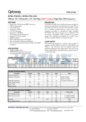 BTRS-5701AMG datasheet - 1550 nm TX / 1310 nm RX , 3.3V / 622 Mbps RoHS Compliant Single-Fiber MMTransceiver