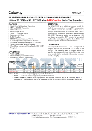 BTRS-5740-SPG datasheet - 1550 nm TX / 1310 nm RX , 3.3V / 622 Mbps RoHS Compliant Single-Fiber Transceiver