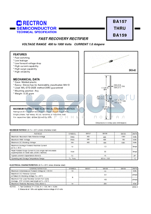 BA157 datasheet - FAST RECOVERY RECTIFIER VOLTAGE RANGE 400 to 1000 Volts CURRENT 1.0 Ampere