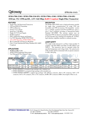 BTRS-5780-1510-SPG datasheet - 1510 nm TX / 1590 nm RX , 3.3V / 622 Mbps RoHS Compliant Single-Fiber Transceiver