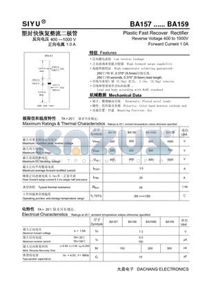 BA157 datasheet - Plastic Fast Recover Rectifier Reverse Voltage 400 to 1000V Forward Current 1.0A