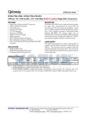 BTRS-5780-1590-SPG datasheet - 1590 nm TX / 1510 nm RX , 3.3V / 622 Mbps RoHS Compliant Single-Fiber Transceiver