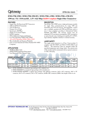 BTRS-5780-1590G datasheet - 1590 nm TX / 1510 nm RX , 3.3V / 622 Mbps RoHS Compliant Single-Fiber Transceiver