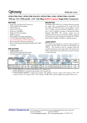 BTRS-5780A-1510-SPG datasheet - 1510 nm TX / 1590 nm RX , 3.3V / 622 Mbps RoHS Compliant Single-Fiber Transceiver