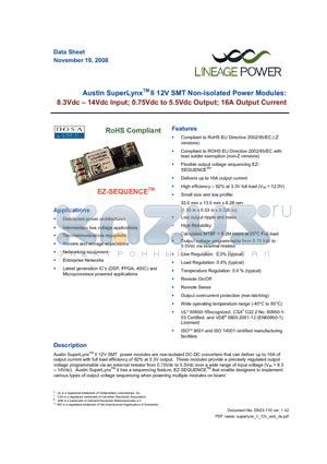 ATA016A0X43-SRZ datasheet - 8.3 - 14Vdc Input; 0.75Vdc to 5.5Vdc Output;16A output current
