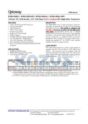 BTRS-5820G_09 datasheet - 1310 nm TX / 1490 nm RX , 3.3V / 622 Mbps RoHS Compliant SFF Single-Fiber Transceiver
