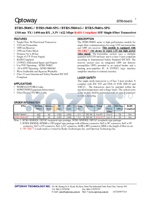 BTRS-5840A-SPG datasheet - 1310 nm TX / 1490 nm RX , 3.3V / 622 Mbps RoHS Compliant SFF Single-Fiber Transceiver