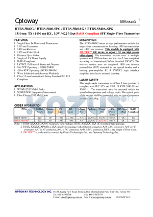 BTRS-5840G datasheet - 1310 nm TX / 1490 nm RX , 3.3V / 622 Mbps RoHS Compliant SFF Single-Fiber Transceiver