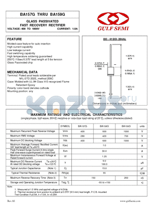 BA157G datasheet - GLASS PASSIVATED FAST RECOVERY RECTIFIER VOLTAGE: 400 TO 1000V CURRENT: 1.0A