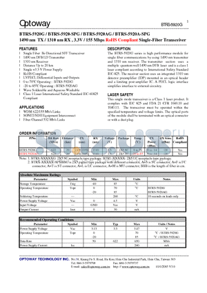 BTRS-5920A-SPG datasheet - 1490 nm TX / 1310 nm RX , 3.3V / 155 Mbps RoHS Compliant Single-Fiber Transceiver